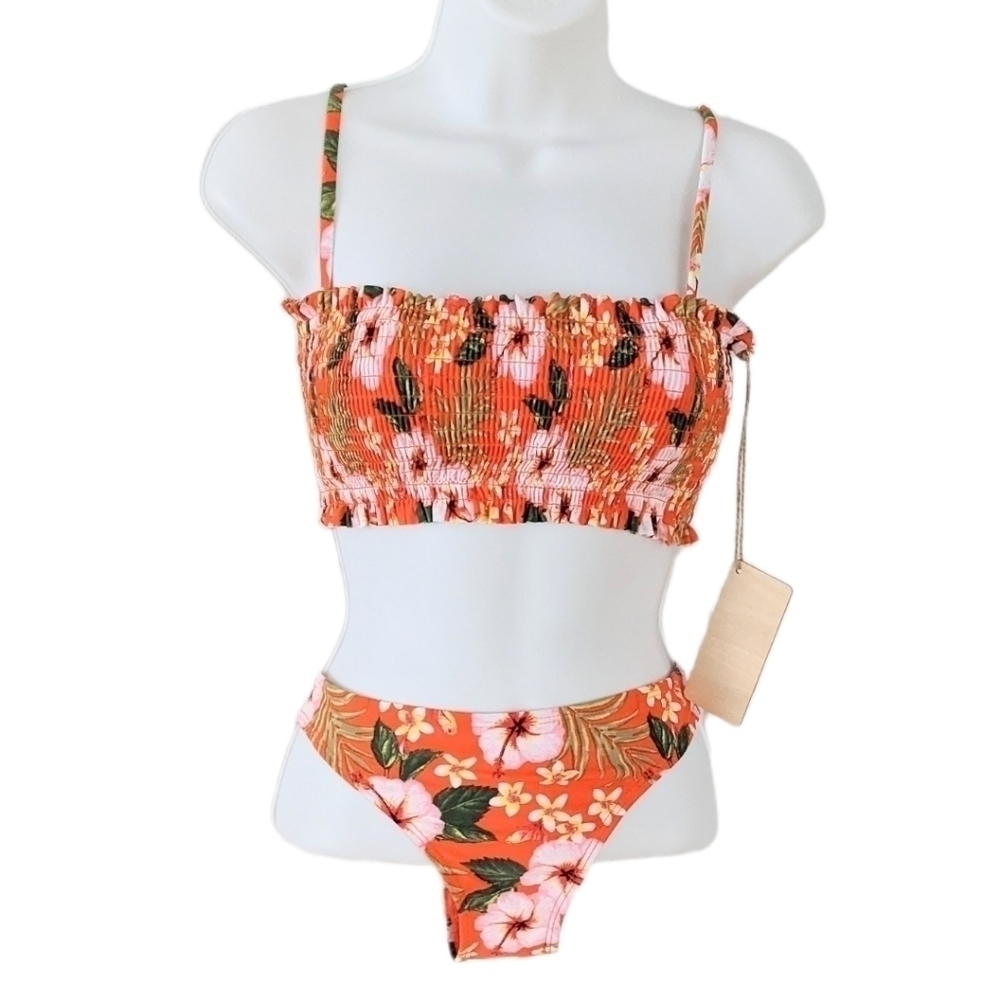 CABANA del sol smacked top tropical flowers orange pink swimsuit size Small New